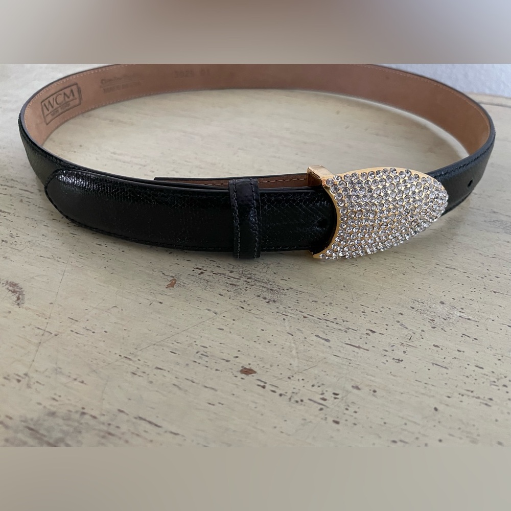 WCM NEW YORK VTG Black Lizard Skin Belt with Crystal Embellished Buckle Size S